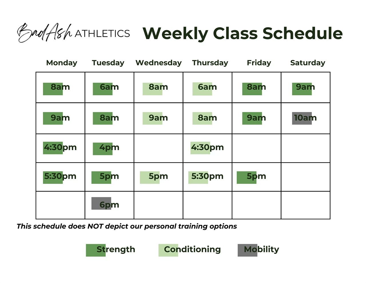 BadAsh Athletics weekly schedule - March 2026